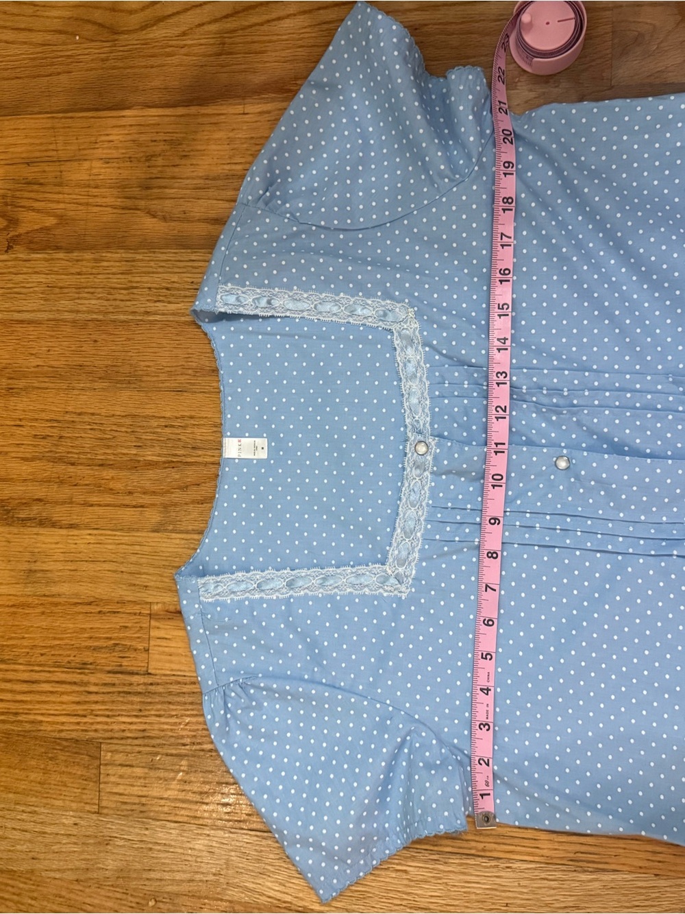 PINK Blue Polka Dot Lace Trim Pearl Button Short Sleeve Nightgown Grandma Core M - Picture 8 of 9